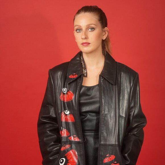 Hand-Painted Upcycled Unique Leather Jacket, "Shroomy," SPARK + REBEL - Size XL - Picture 6 of 11